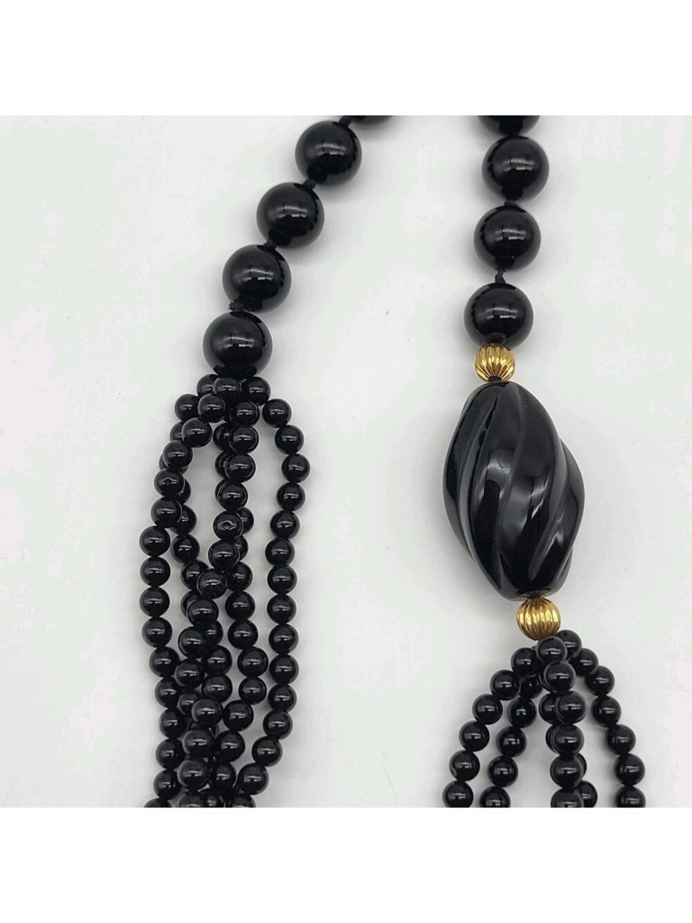 Stunning Black Glass mourning Necklace Statement multi strand Mixed sizes